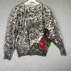 Erez Women's Medium Grey Lambs Wool Angora Hair Pullover Sweater Animal Print